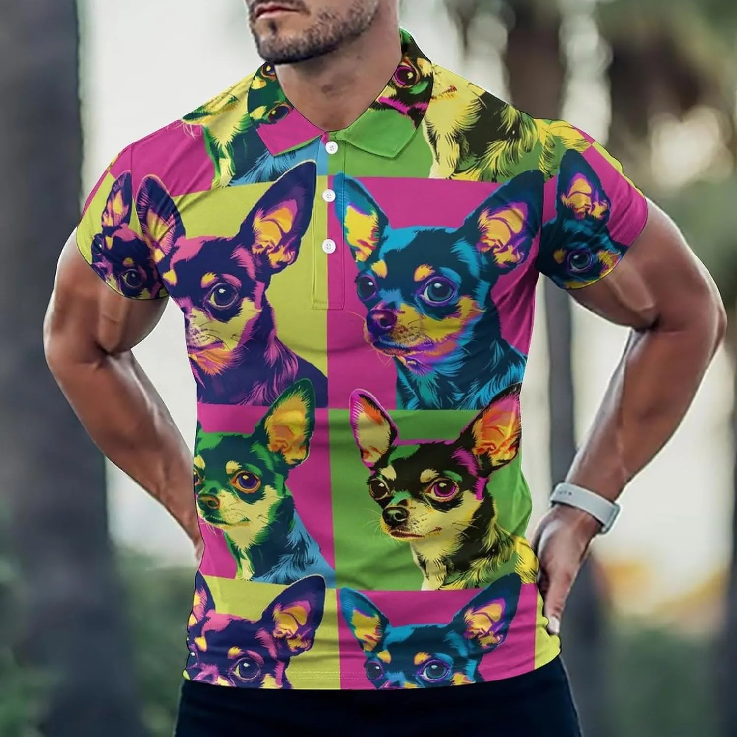 Colorful Chihuahua Head Mens Polo Shirts Quick Dry Short Sleeve T-shirts Slim Tennis Collared Tees Tops