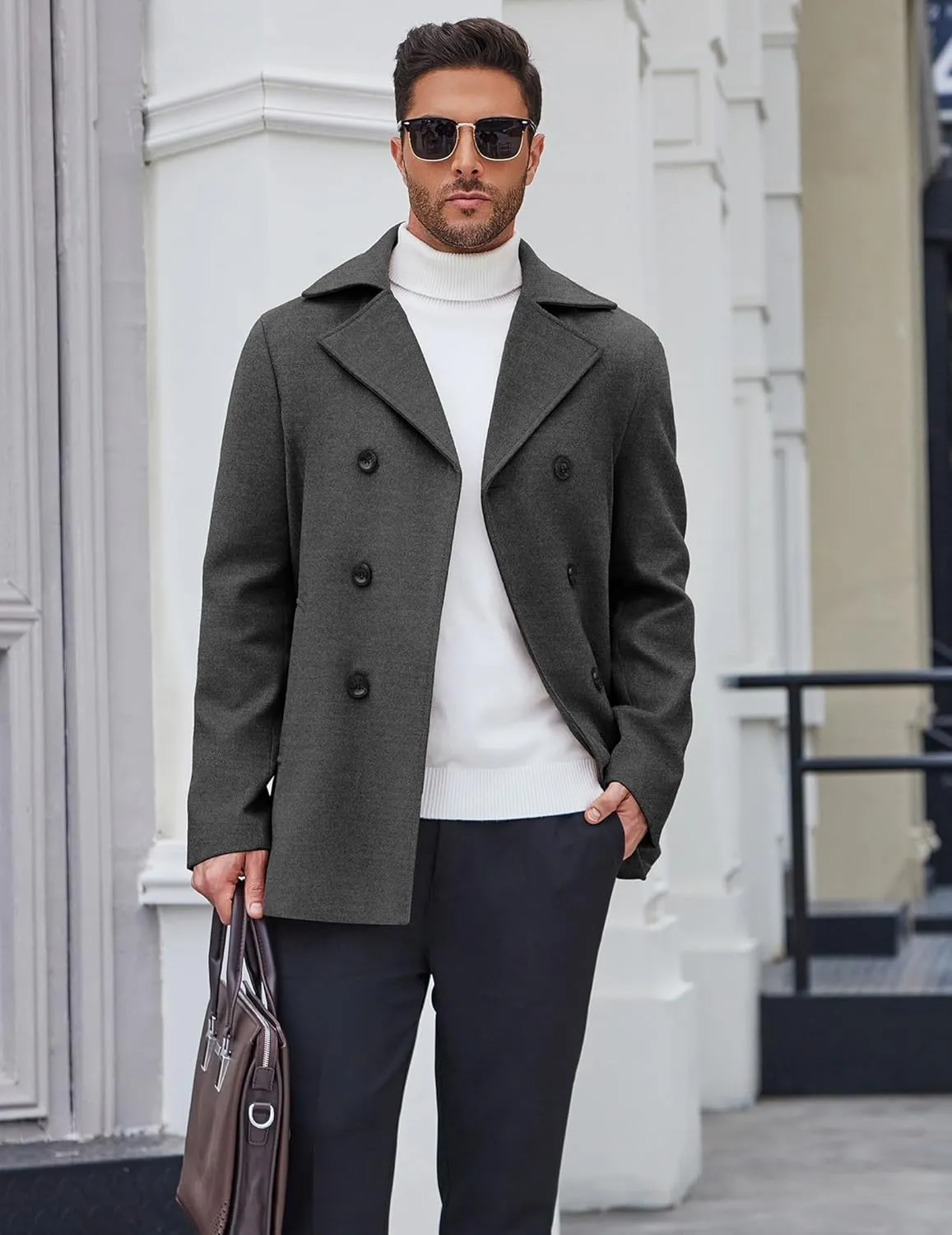 COOFANDY Men's Double Breasted Pea Coat Winter Overcoat Short Trench Coat Notched Collar
