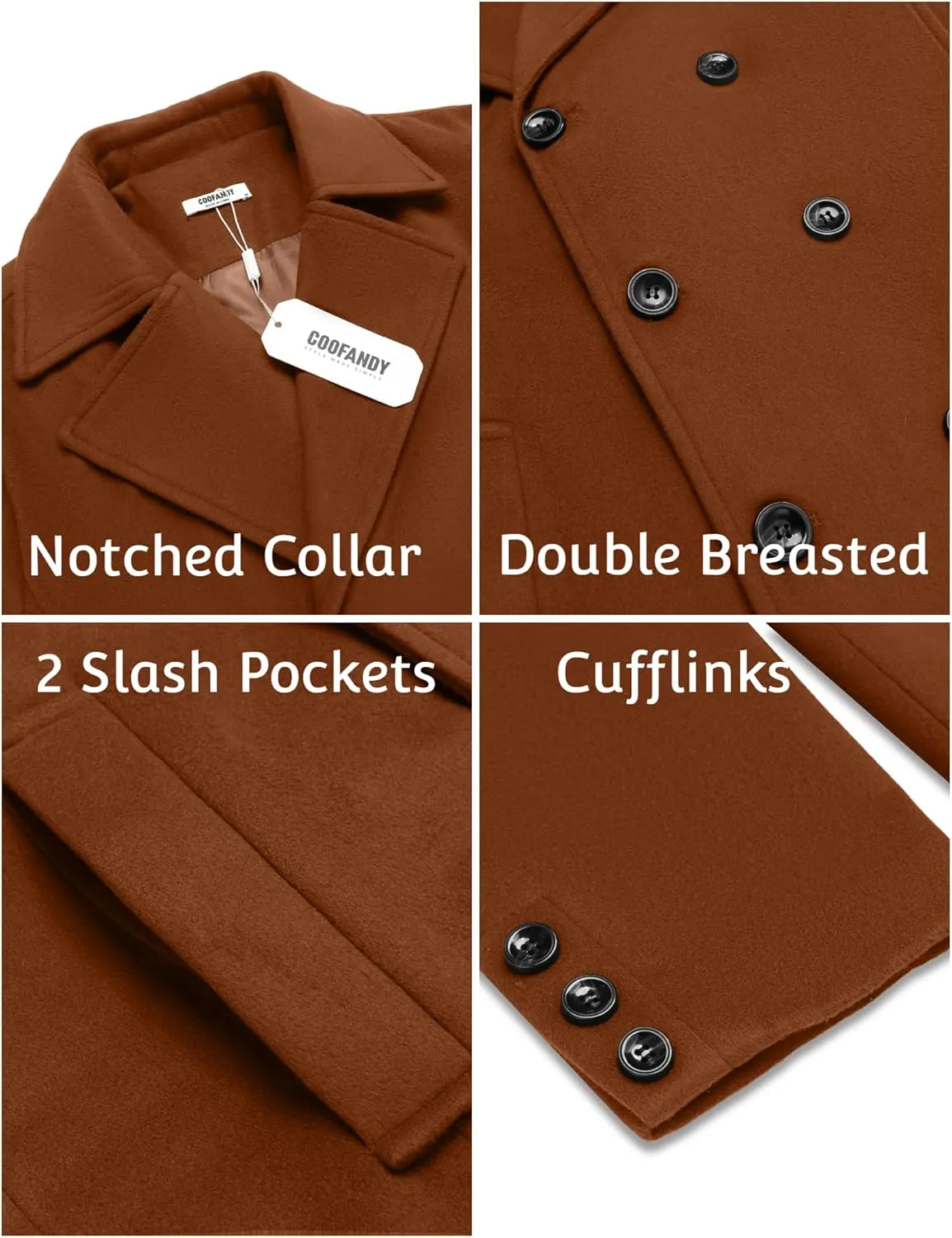 COOFANDY Men's Double Breasted Pea Coat Winter Overcoat Short Trench Coat Notched Collar