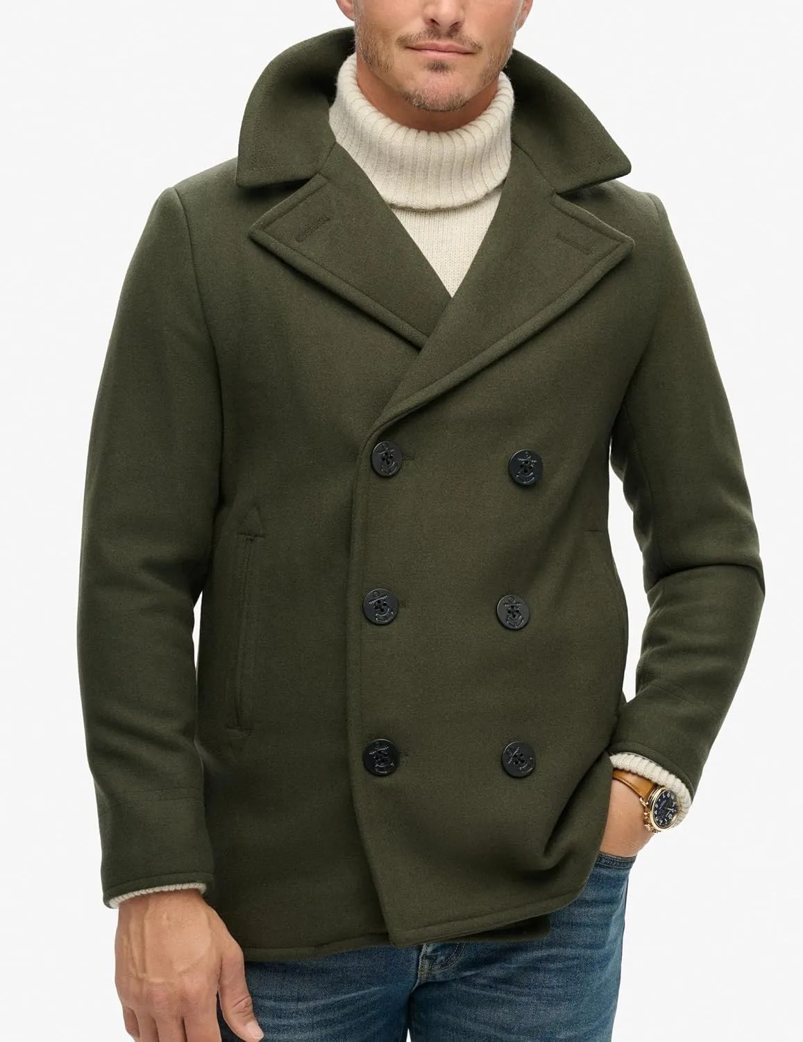 COOFANDY Men's Double Breasted Pea Coat Winter Overcoat Short Trench Coat Notched Collar