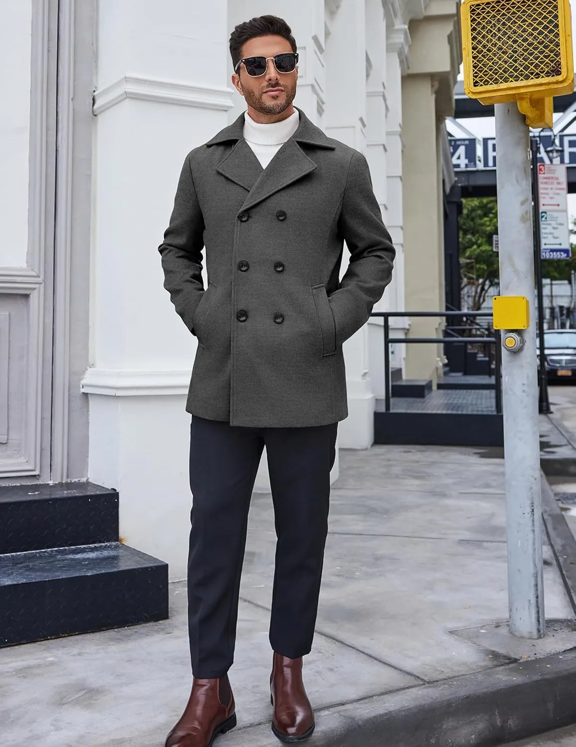 COOFANDY Men's Double Breasted Pea Coat Winter Overcoat Short Trench Coat Notched Collar