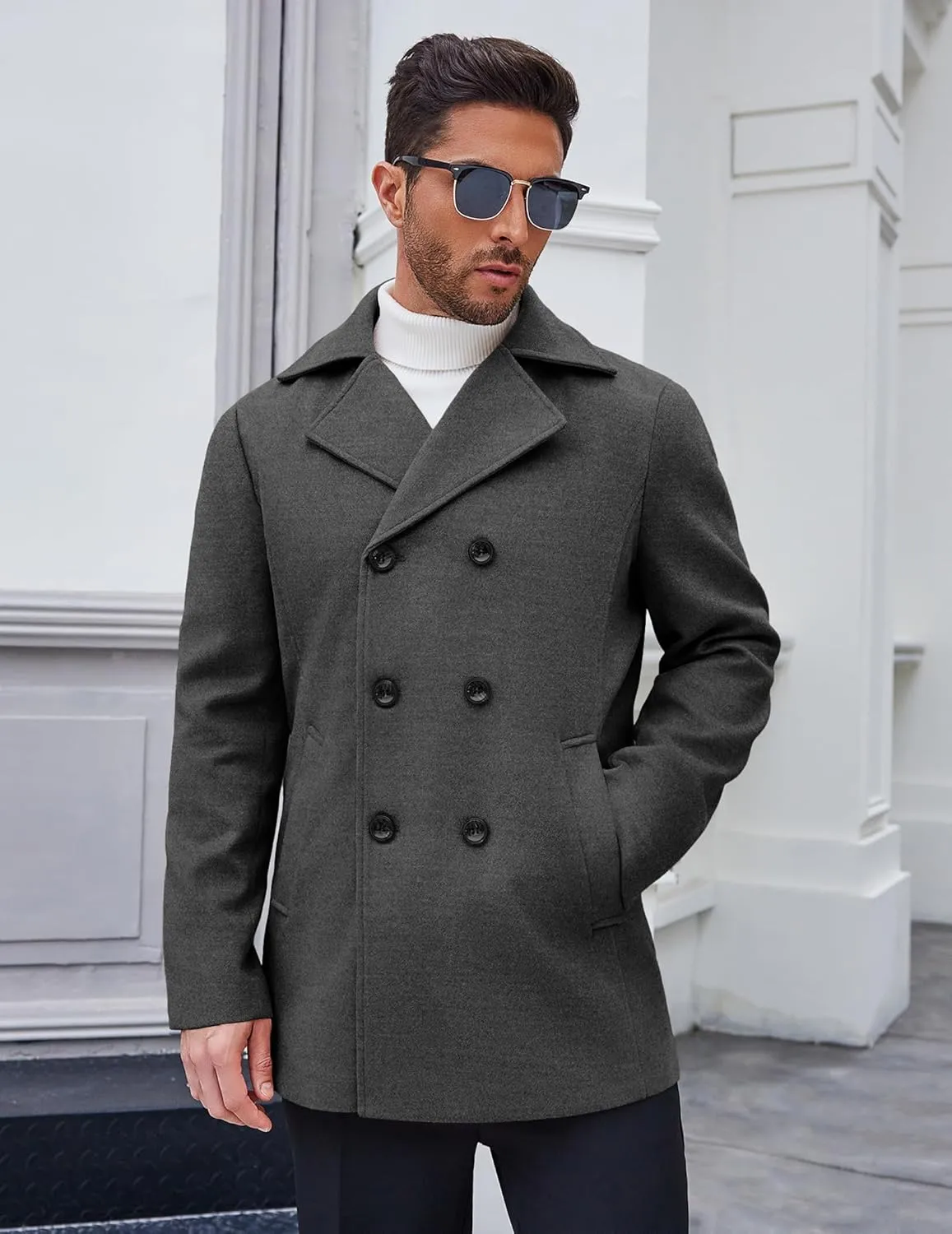 COOFANDY Men's Double Breasted Pea Coat Winter Overcoat Short Trench Coat Notched Collar