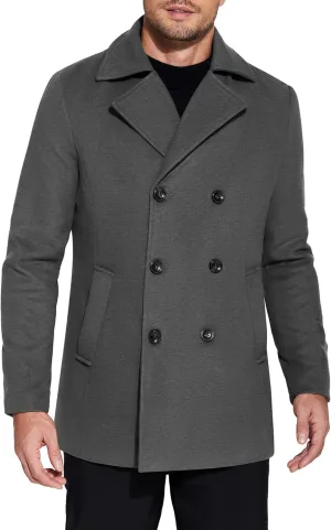 COOFANDY Men's Double Breasted Pea Coat Winter Overcoat Short Trench Coat Notched Collar