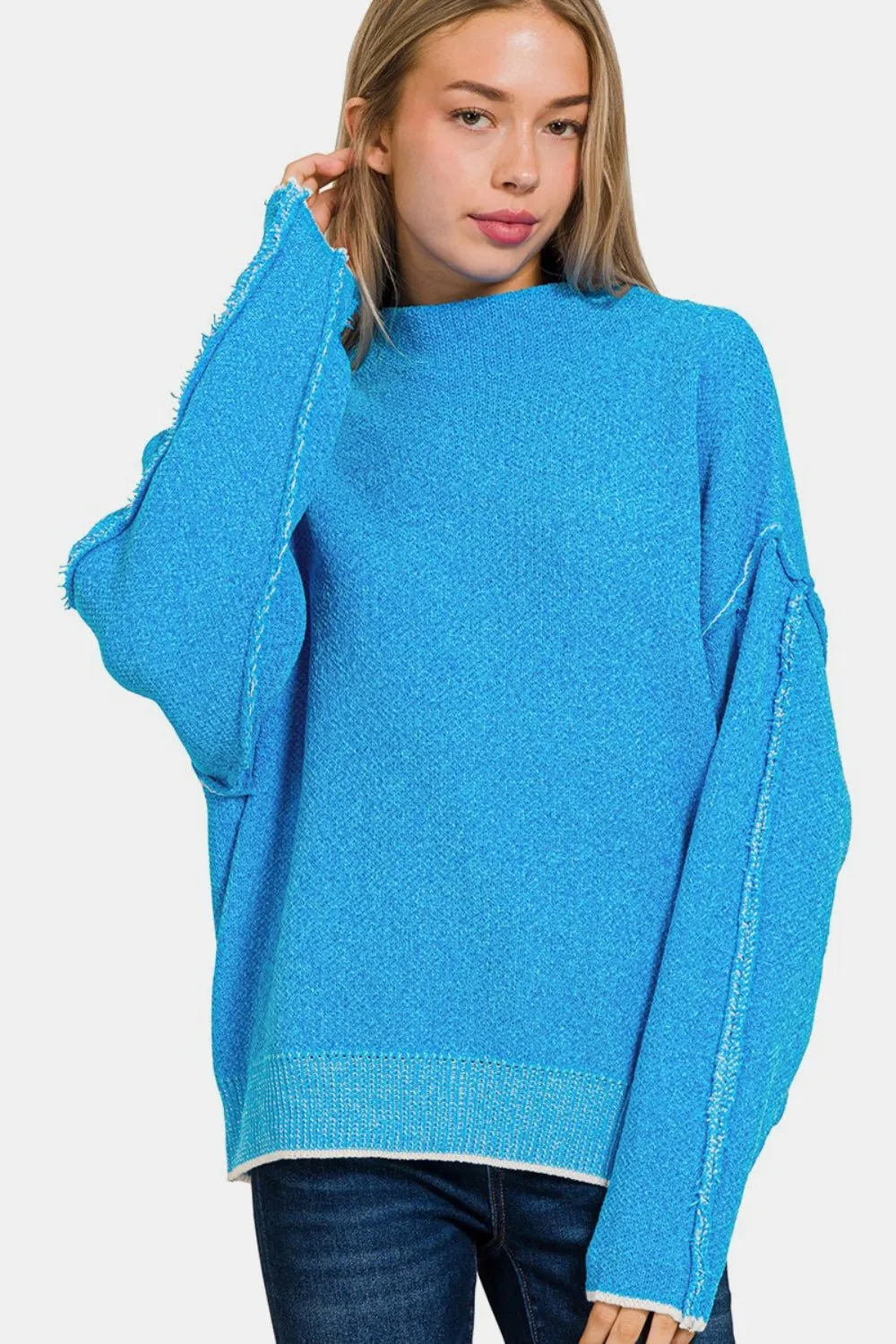 Cozy Exposed Seam Mock Neck Long Sleeve Sweater