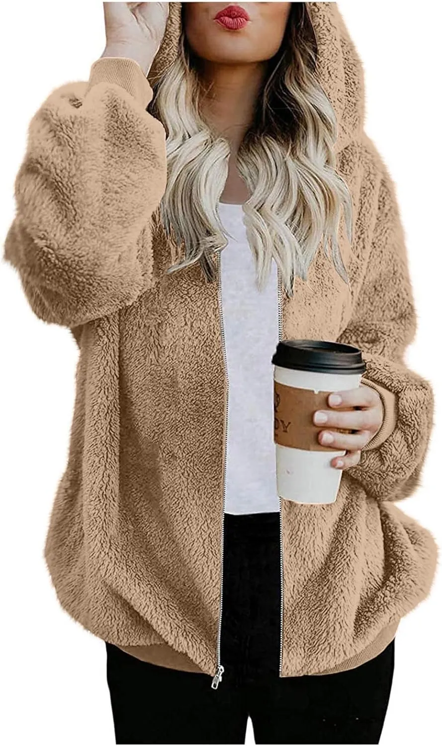 Cozy Fluffy Hoodie Women Fall/Winter Clothes Womens Hoodies Sherpa Pullover Zip Up Fuzzy Fleece Oversized Hoodie