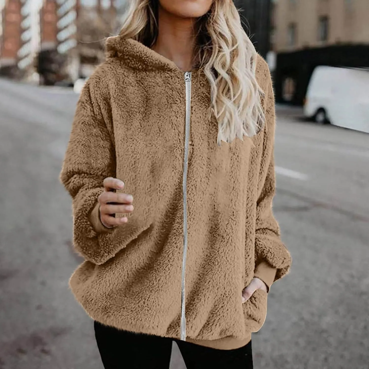 Cozy Fluffy Hoodie Women Fall/Winter Clothes Womens Hoodies Sherpa Pullover Zip Up Fuzzy Fleece Oversized Hoodie