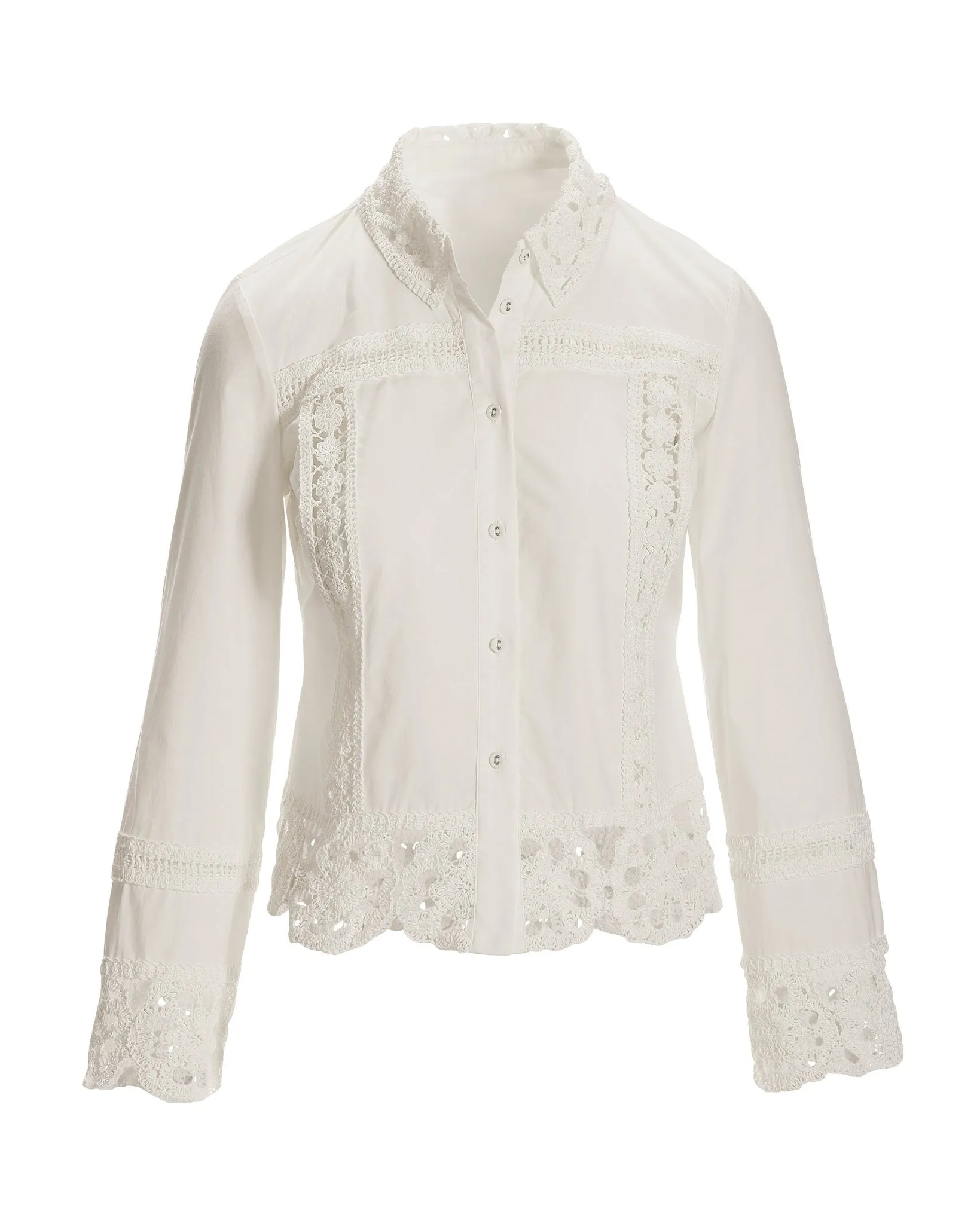 Crochet Trim Button-Up Shirt White