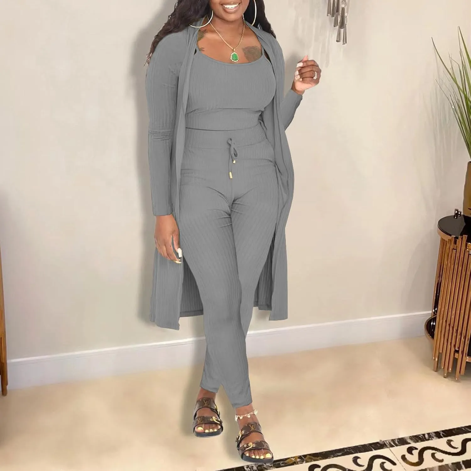 CROSTRITON Womens 3 Piece Outfits Ribbed Long Sleeve Cardigan Cover Up Crop Top Pants Tracksuits Set