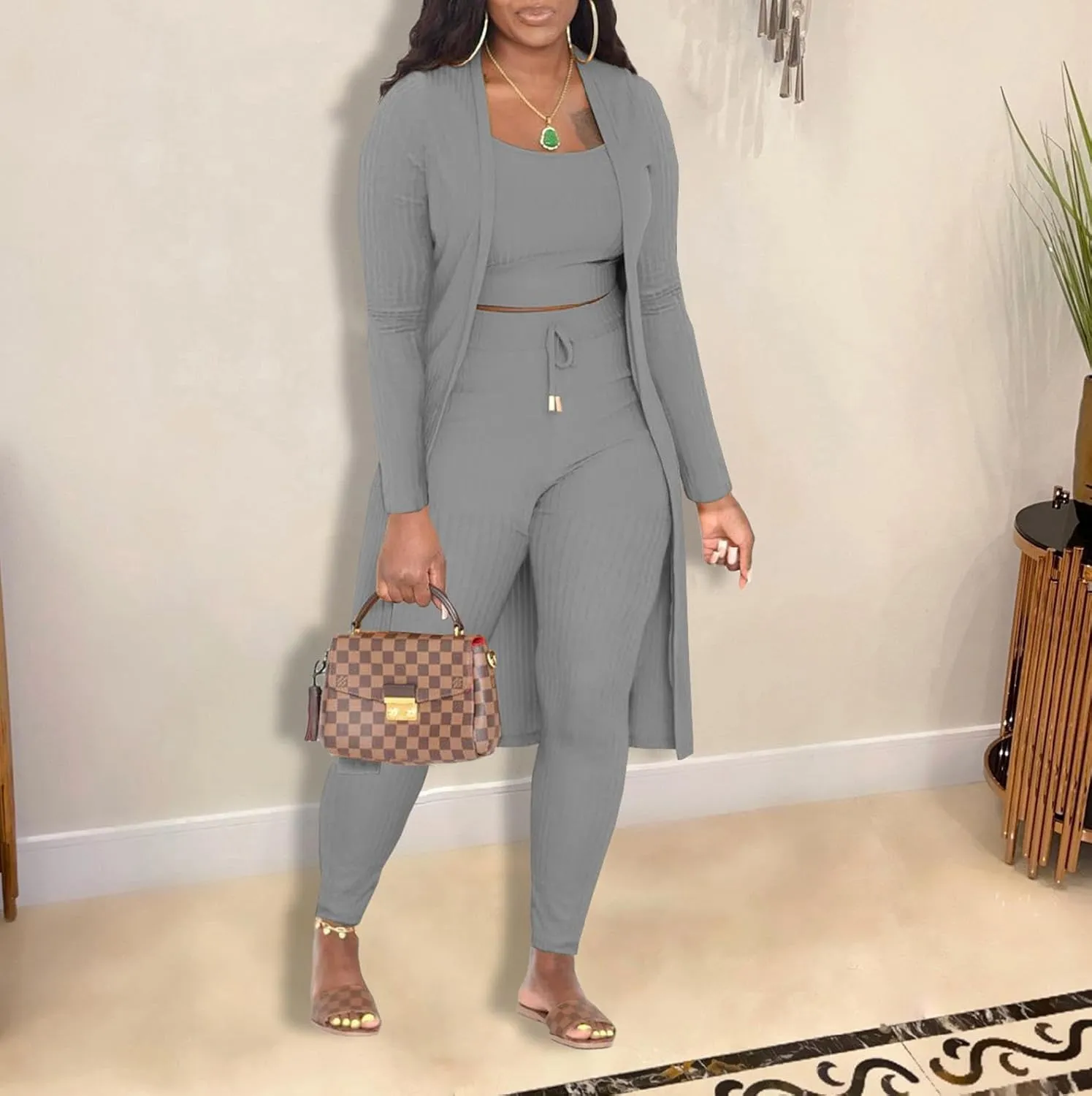 CROSTRITON Womens 3 Piece Outfits Ribbed Long Sleeve Cardigan Cover Up Crop Top Pants Tracksuits Set