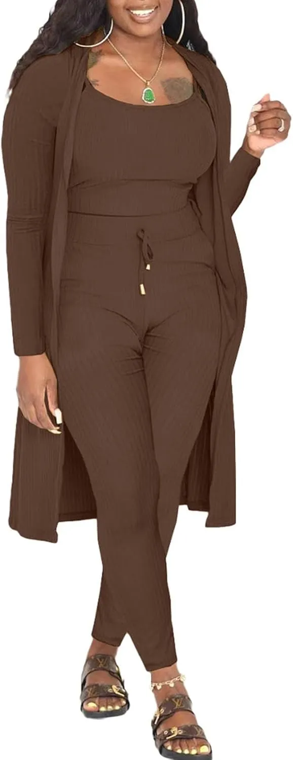 CROSTRITON Womens 3 Piece Outfits Ribbed Long Sleeve Cardigan Cover Up Crop Top Pants Tracksuits Set