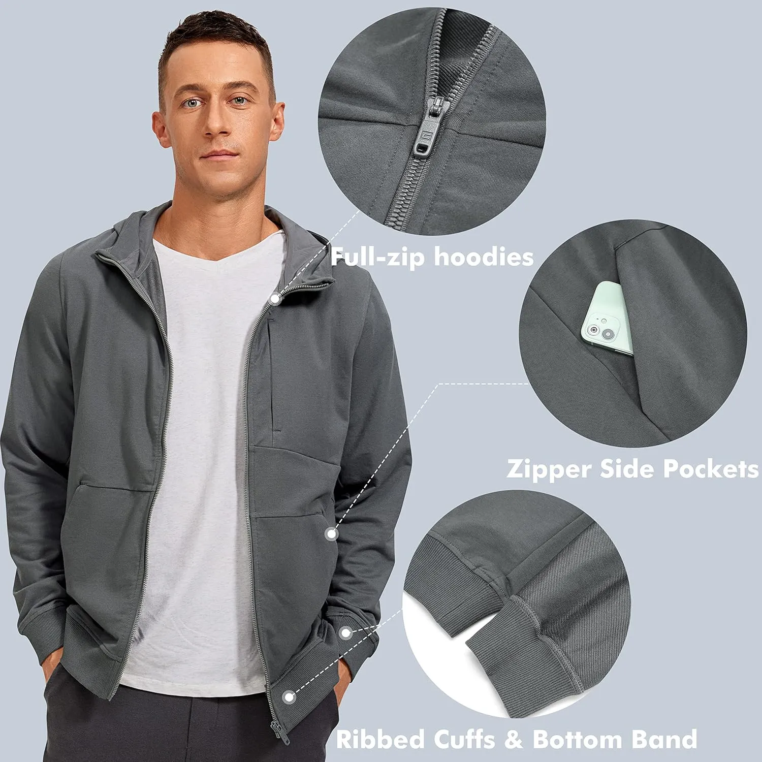 CRZ YOGA Men's Cotton Zip-up Hoodie Thick Terry Essentials Athletic Casual Hoodies Zip Hooded Jackets Sweatshirt with Pockets