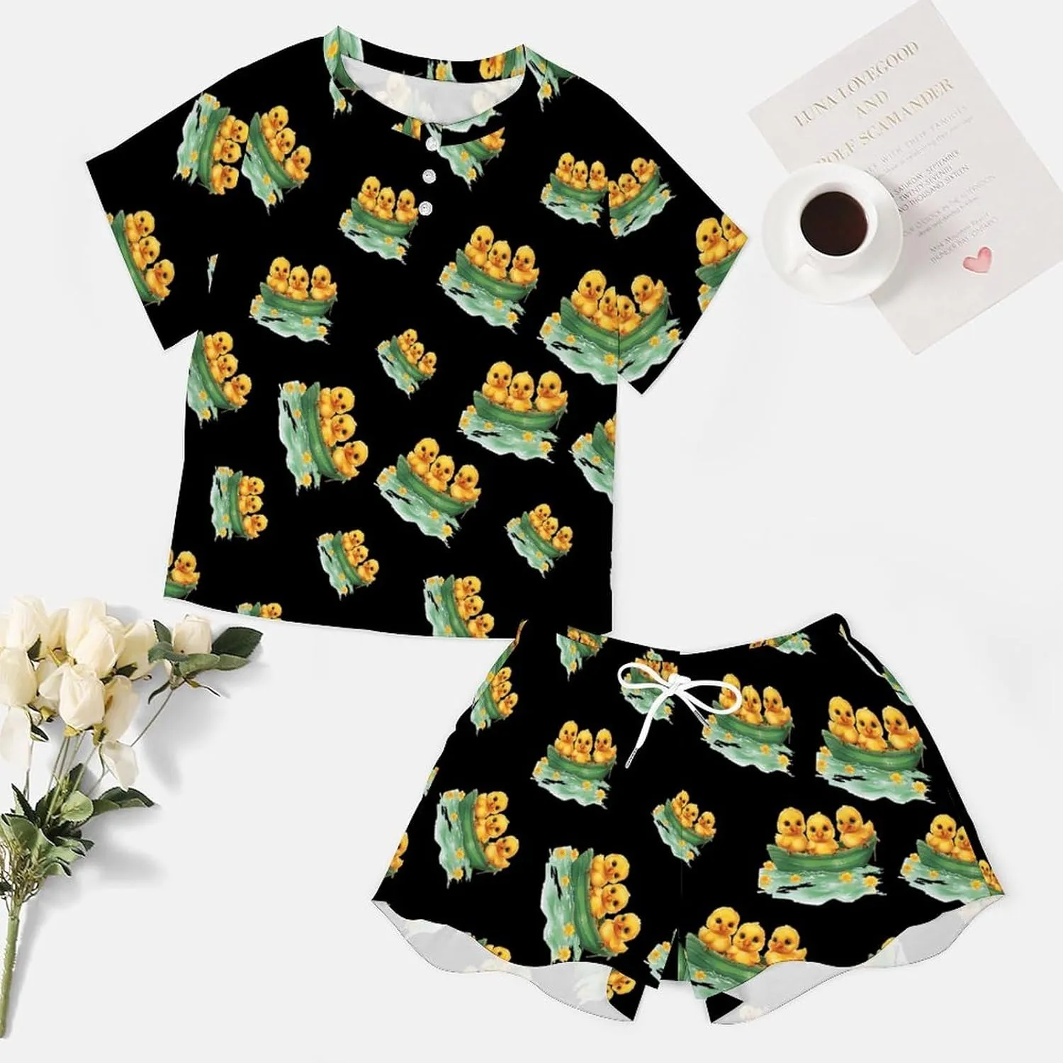 Cute Chick Women's Pajama Sets Short Sleeve Shirt And Shorts Cozy Sleepwear Loungewear Pjs
