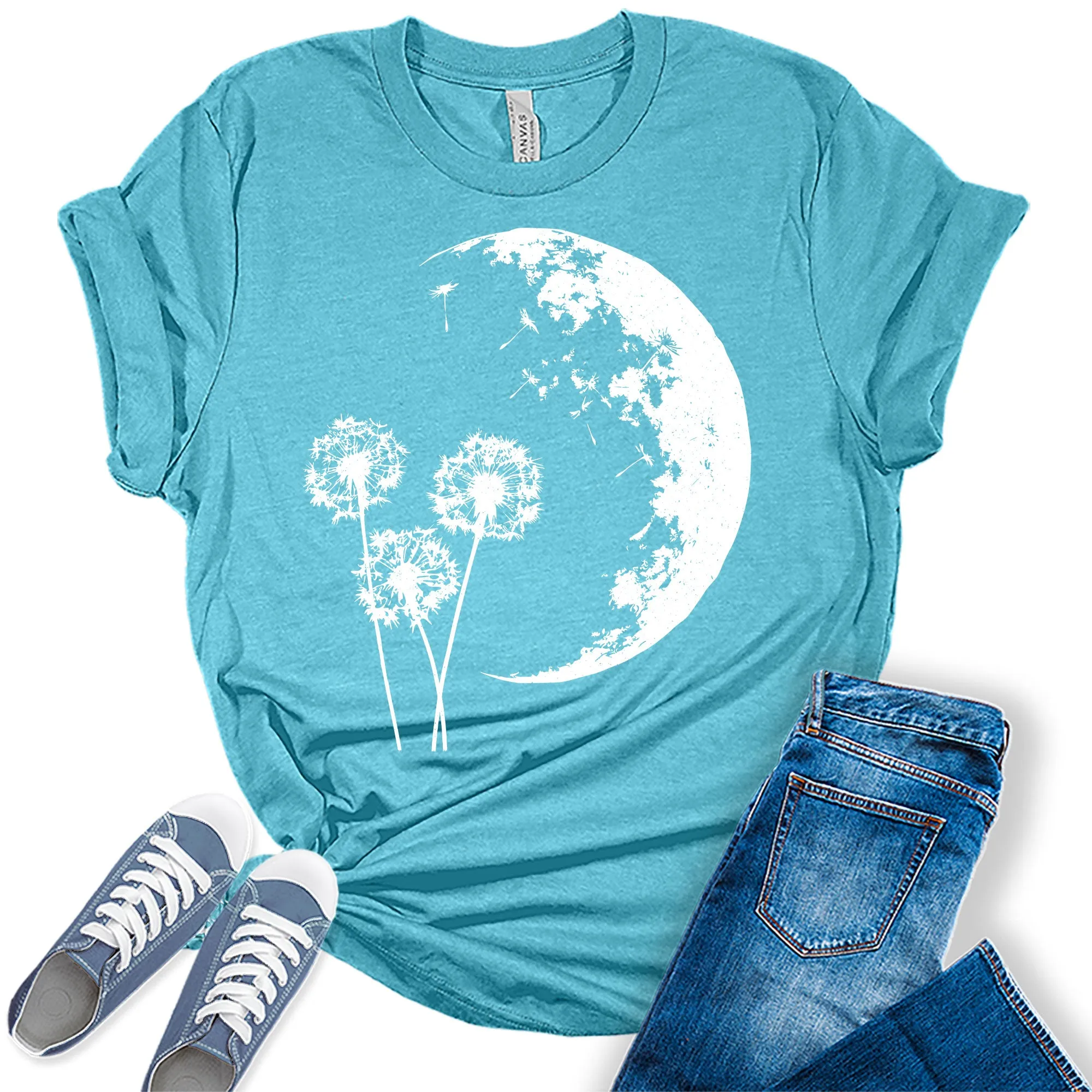 Dandelion Flower Moon Night  Graphic Tees for Women