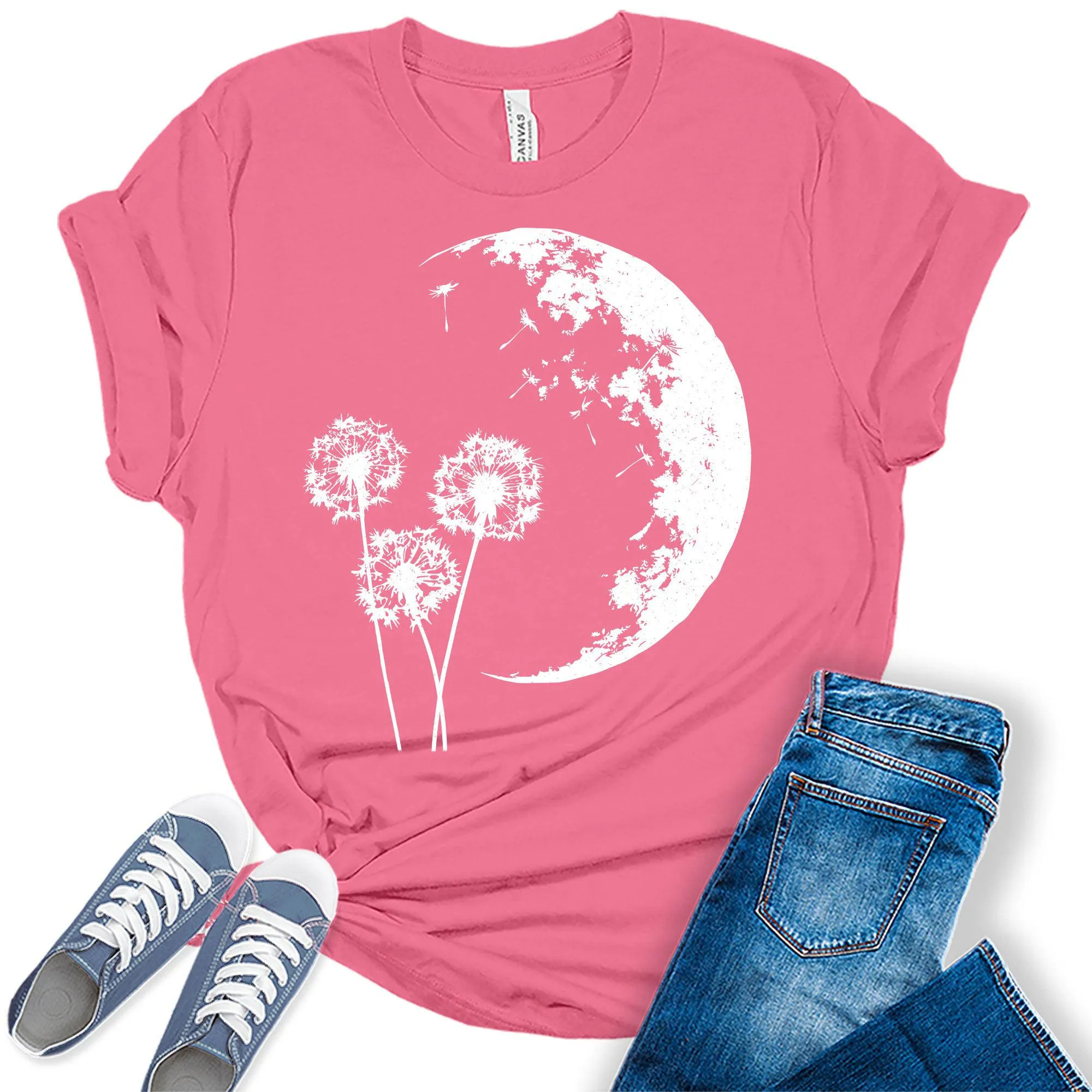 Dandelion Flower Moon Night  Graphic Tees for Women