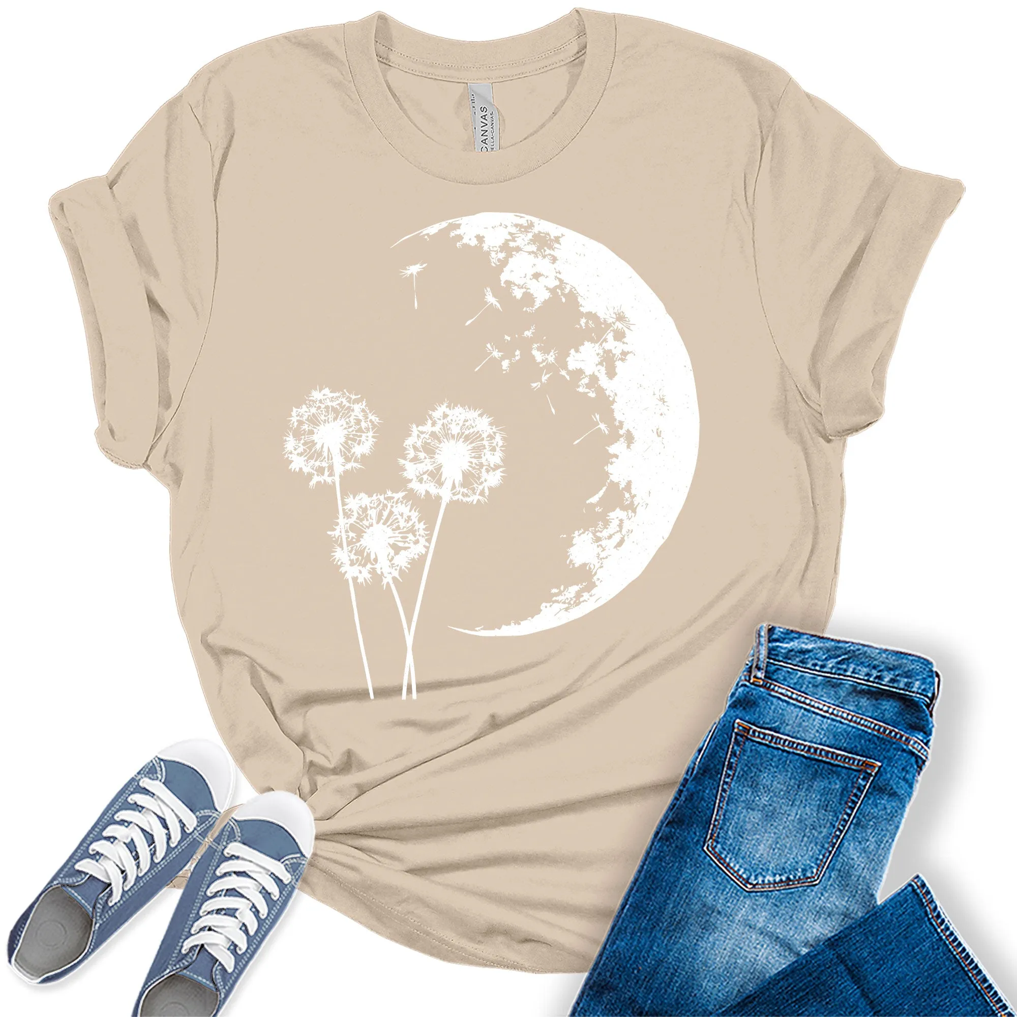 Dandelion Flower Moon Night  Graphic Tees for Women