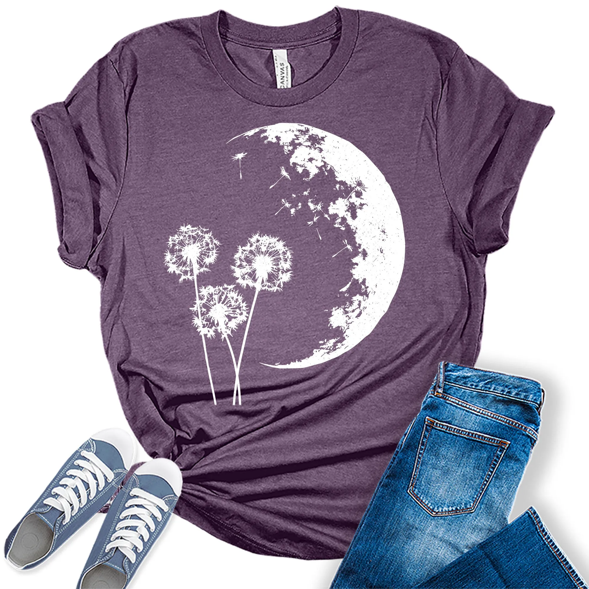 Dandelion Flower Moon Night  Graphic Tees for Women