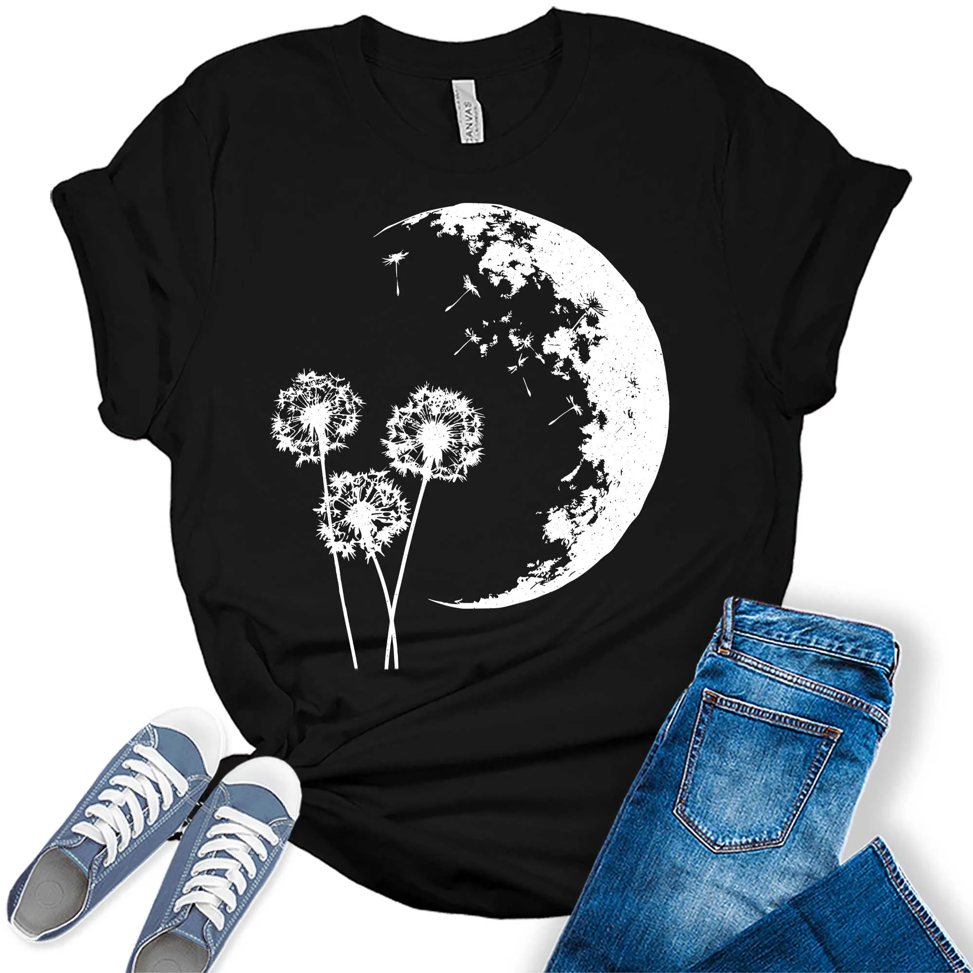 Dandelion Flower Moon Night  Graphic Tees for Women
