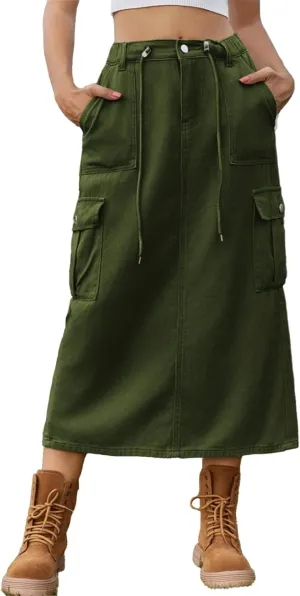 Denim Skirt for Women Cargo Drawstring Elastic Midi High Waisted Jean Skirt Vintage Y2K Retro Cute Summer Outfit