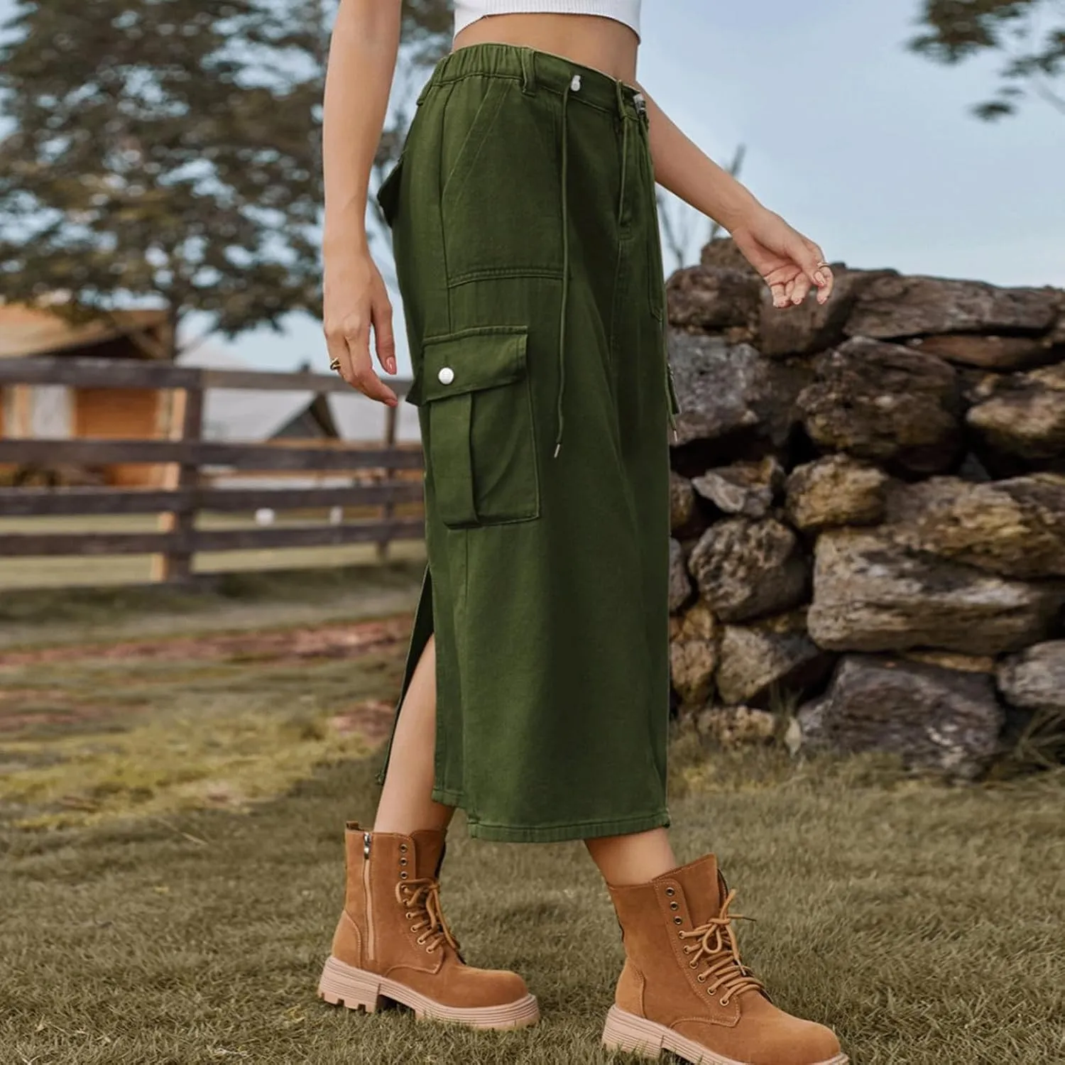 Denim Skirt for Women Cargo Drawstring Elastic Midi High Waisted Jean Skirt Vintage Y2K Retro Cute Summer Outfit