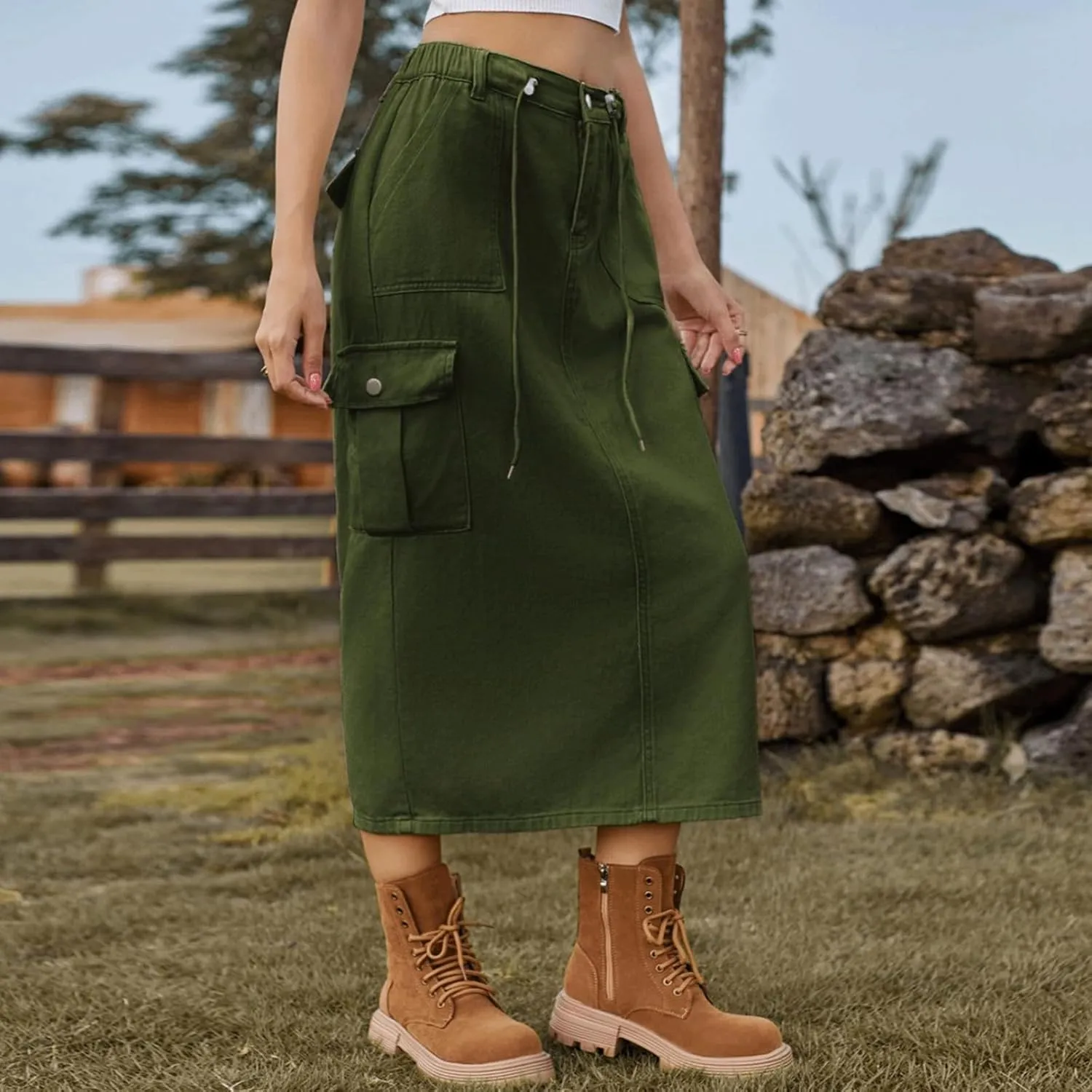 Denim Skirt for Women Cargo Drawstring Elastic Midi High Waisted Jean Skirt Vintage Y2K Retro Cute Summer Outfit