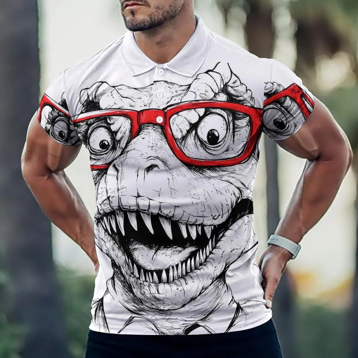 Dinosaur with Red Glasses Mens Polo Shirts Quick Dry Short Sleeve T-shirts Slim Tennis Collared Tees Tops