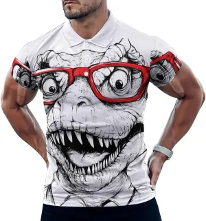 Dinosaur with Red Glasses Mens Polo Shirts Quick Dry Short Sleeve T-shirts Slim Tennis Collared Tees Tops