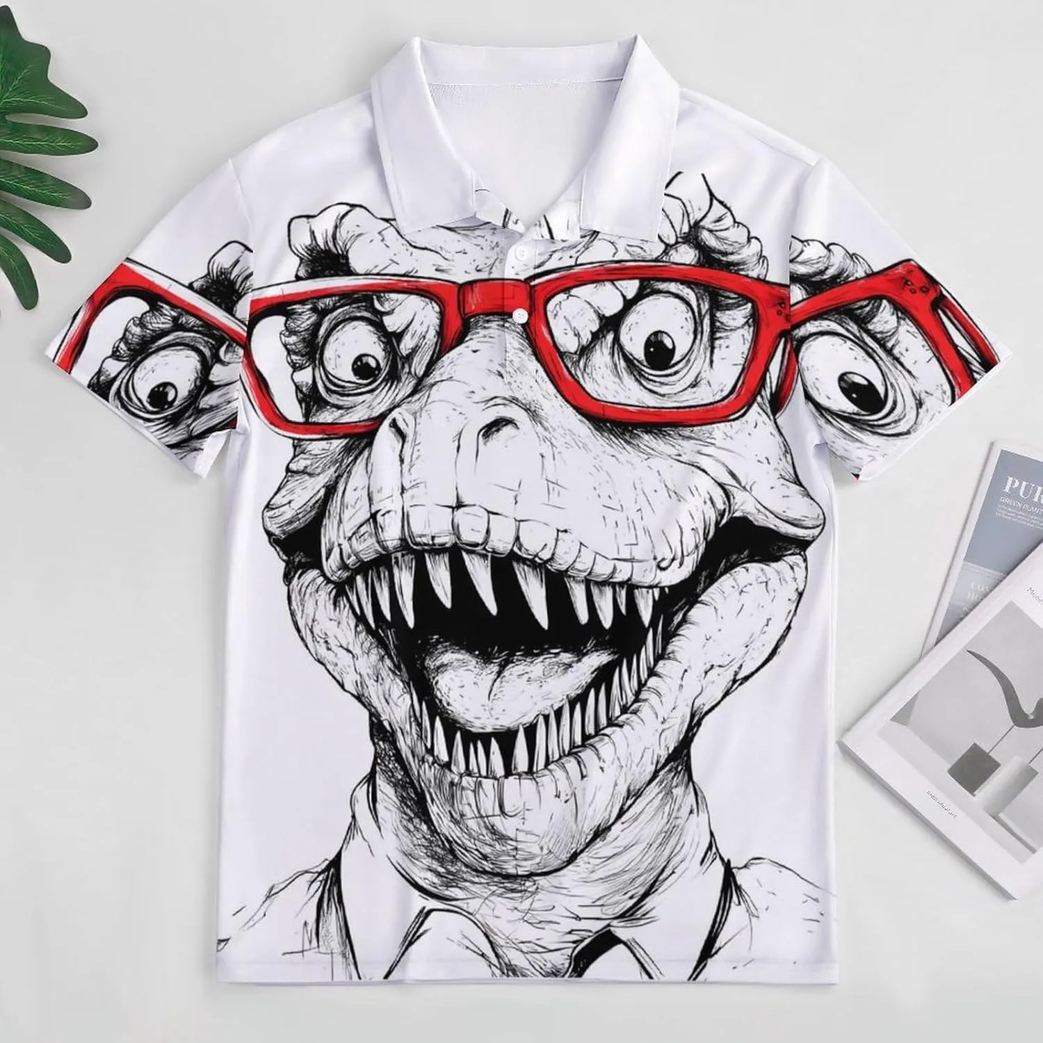 Dinosaur with Red Glasses Mens Polo Shirts Quick Dry Short Sleeve T-shirts Slim Tennis Collared Tees Tops