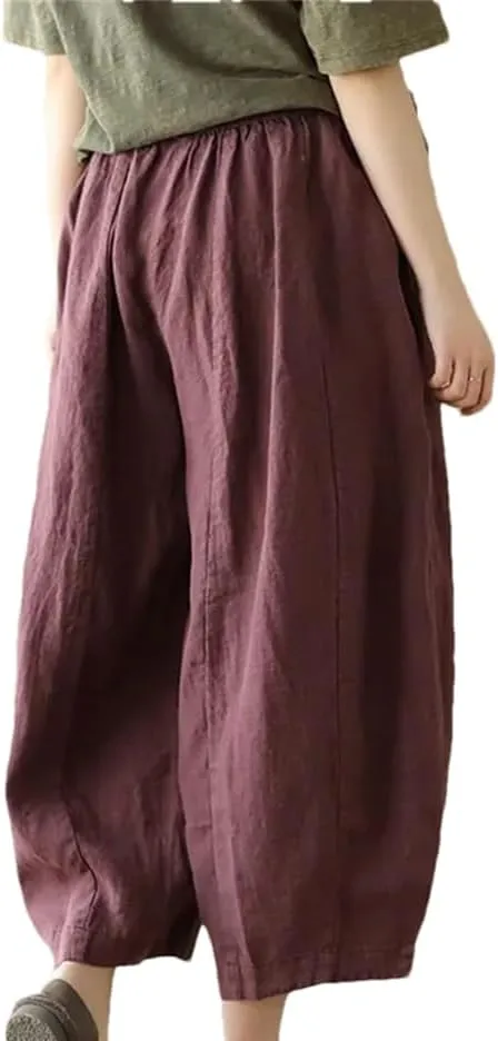Disimlarl Women Casual Solid Pants Loose Comfortable Calf-Length Pants Elastic Waist Harem Pants