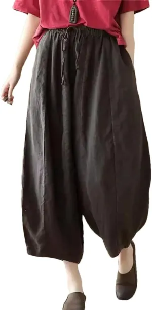 Disimlarl Women Casual Solid Pants Loose Comfortable Calf-Length Pants Elastic Waist Harem Pants