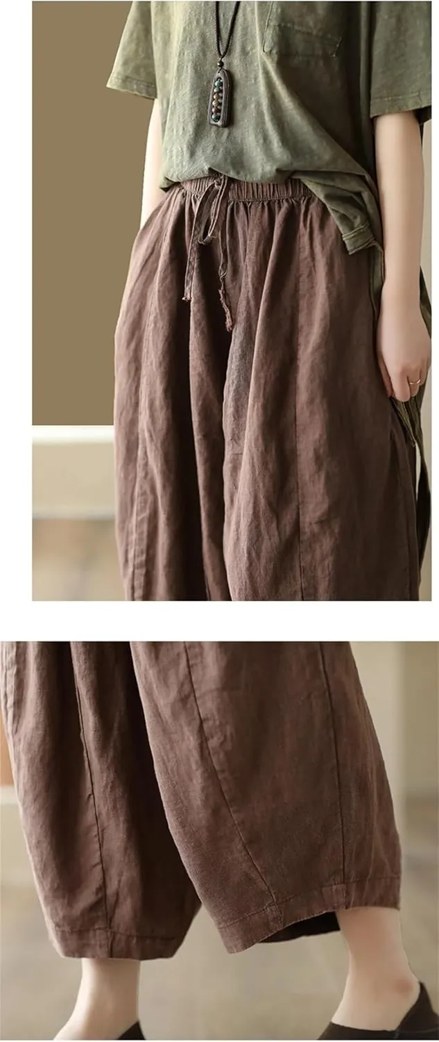 Disimlarl Women Casual Solid Pants Loose Comfortable Calf-Length Pants Elastic Waist Harem Pants
