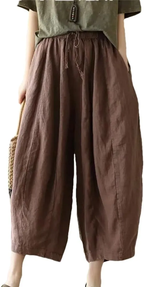 Disimlarl Women Casual Solid Pants Loose Comfortable Calf-Length Pants Elastic Waist Harem Pants