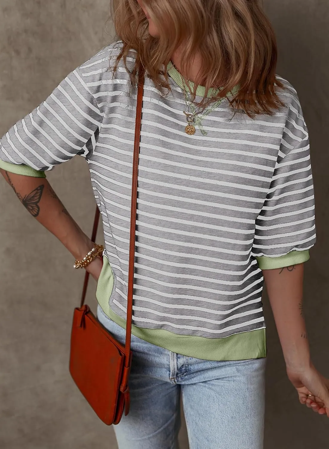 Dokotoo Sweatshirt for Women Fashion Summer Tops Striped Casual Color Block T Shirt Casual Pullover