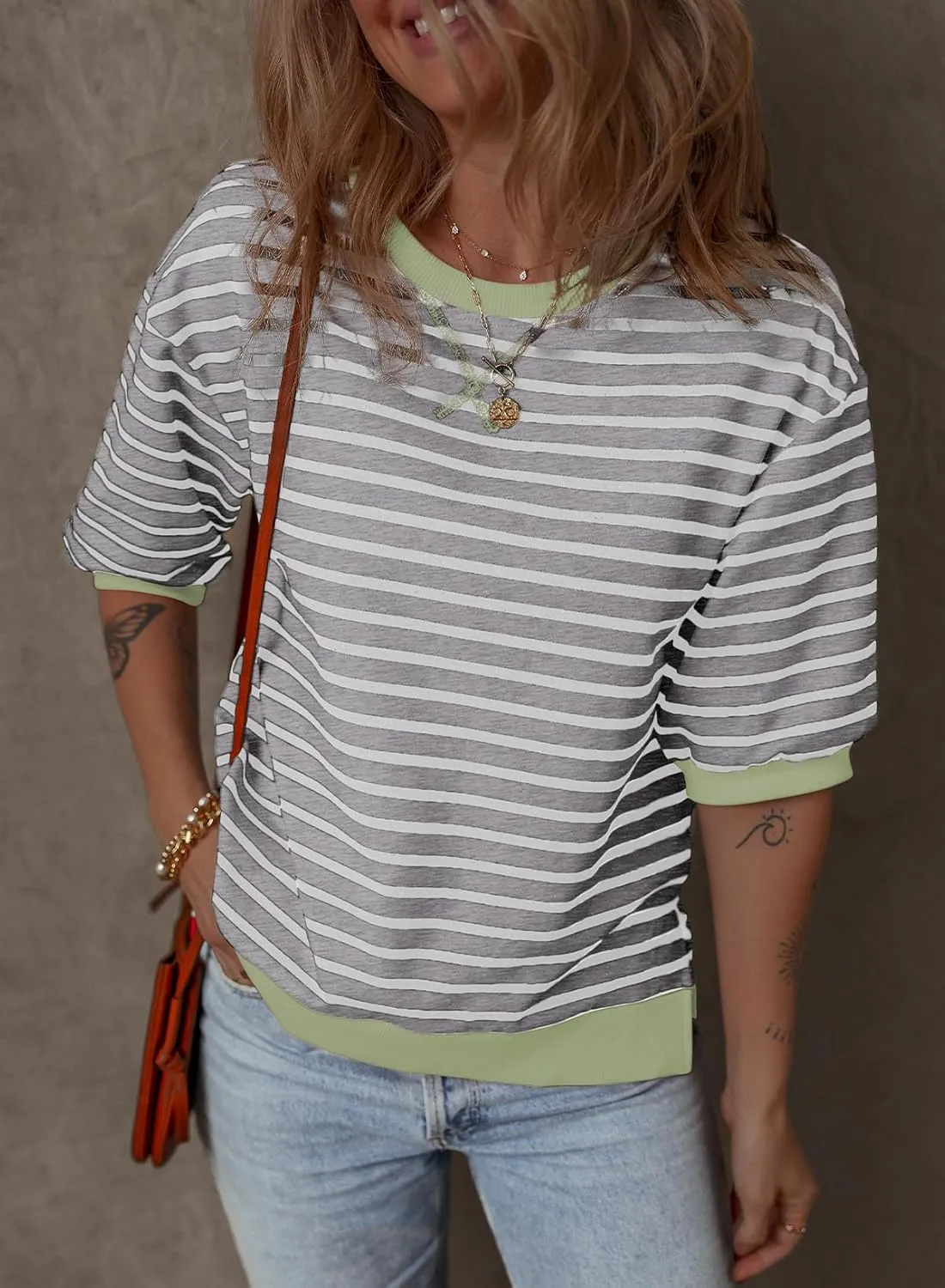 Dokotoo Sweatshirt for Women Fashion Summer Tops Striped Casual Color Block T Shirt Casual Pullover