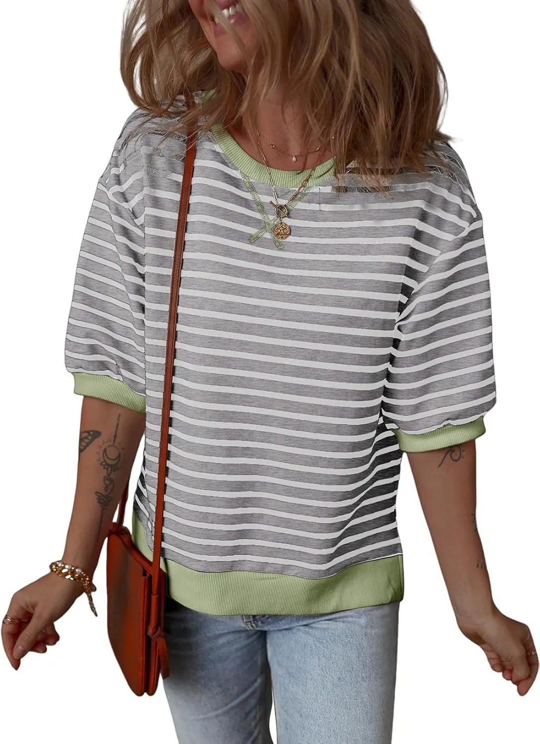 Dokotoo Sweatshirt for Women Fashion Summer Tops Striped Casual Color Block T Shirt Casual Pullover