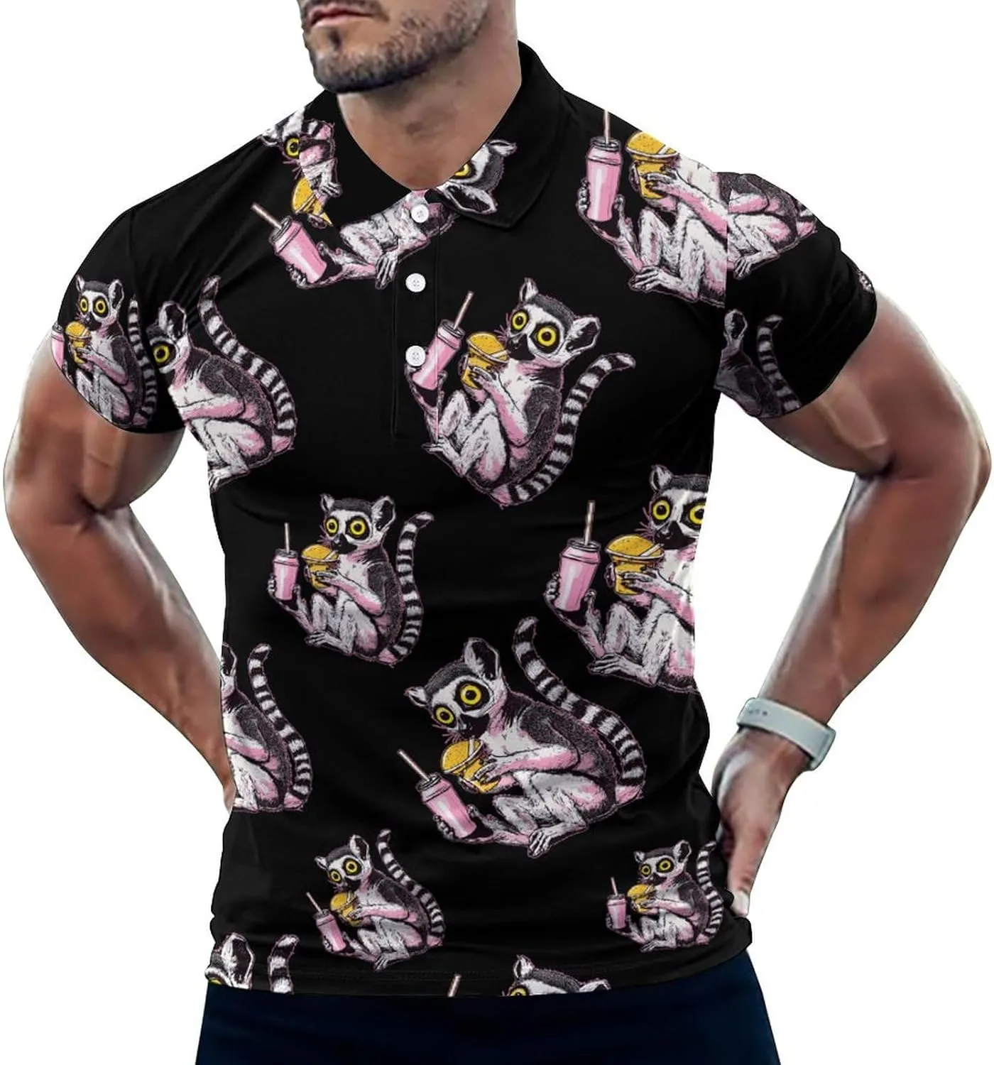 Drinking Lemur Mens Polo Shirts Quick Dry Short Sleeve T-shirts Slim Tennis Collared Tees Tops