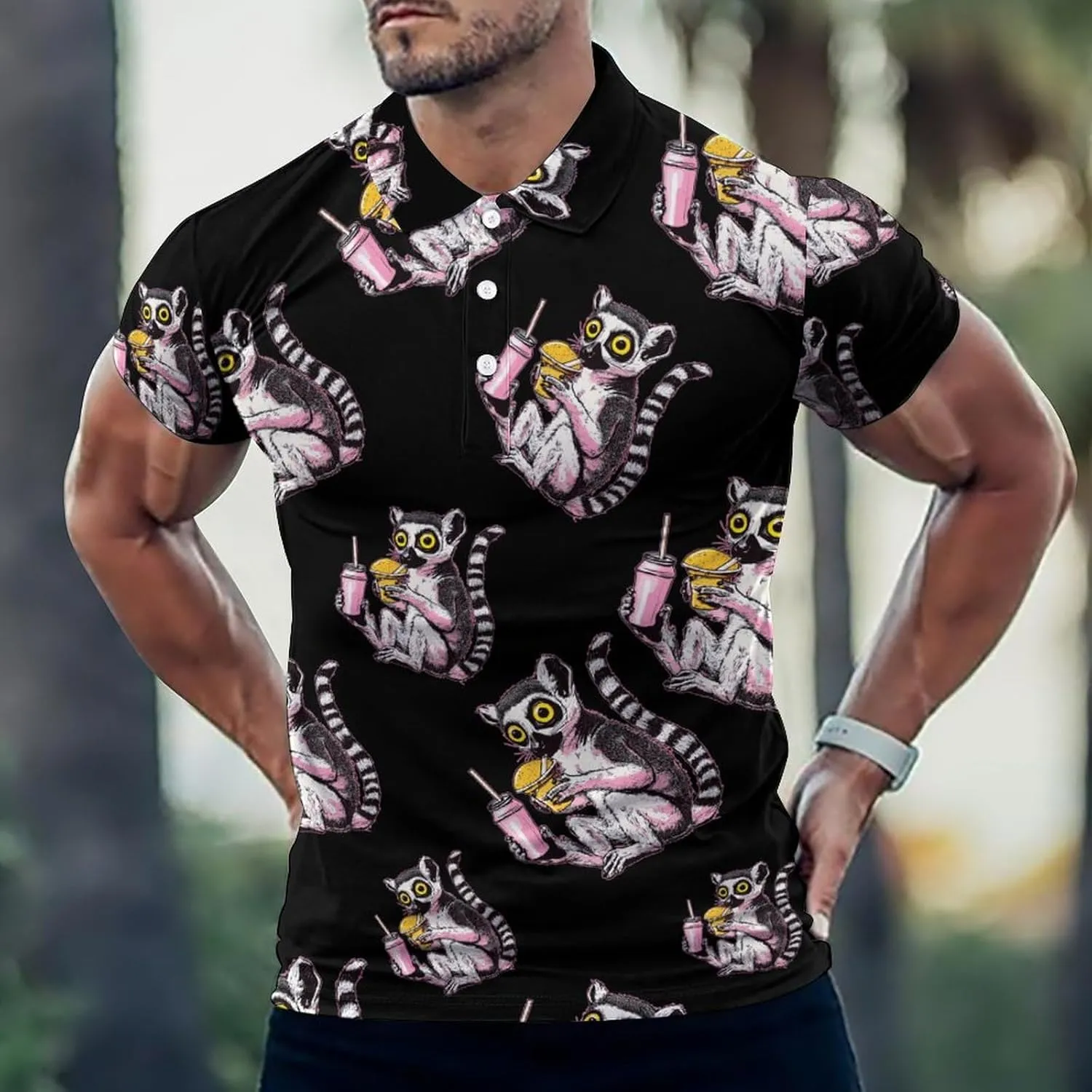 Drinking Lemur Mens Polo Shirts Quick Dry Short Sleeve T-shirts Slim Tennis Collared Tees Tops