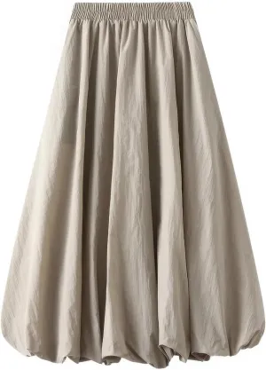 ebossy Women's High Elastic Waist Pleated Cinch Bottom A-line Bohemian Midi Skirts with Pockets