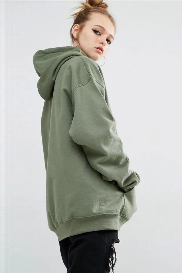European Style Loose Solid Color Pocket Long Hoodie
