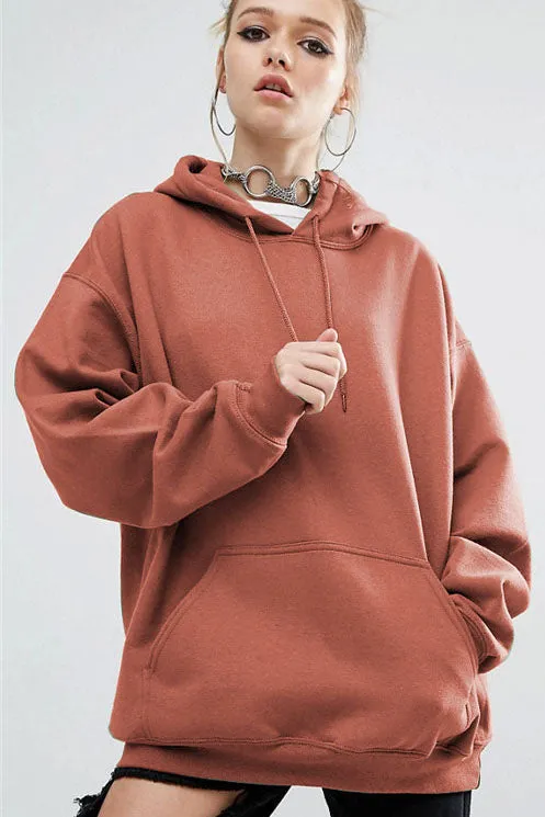 European Style Loose Solid Color Pocket Long Hoodie