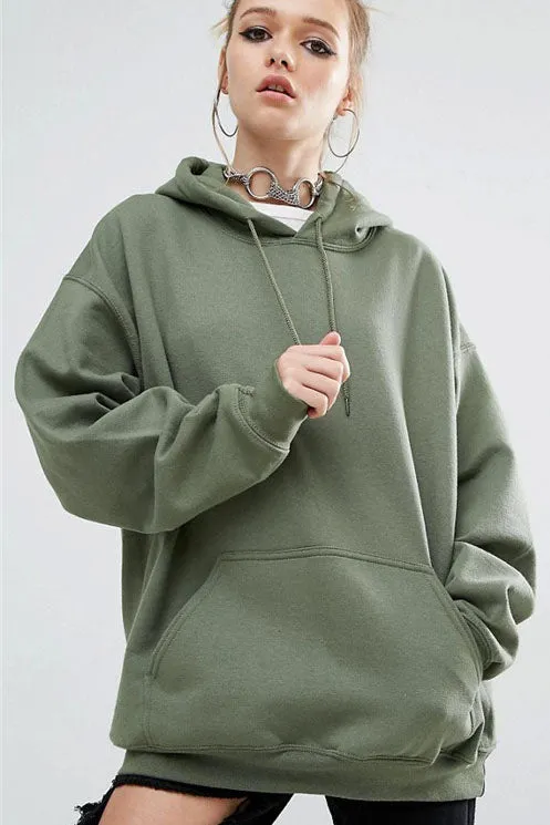 European Style Loose Solid Color Pocket Long Hoodie