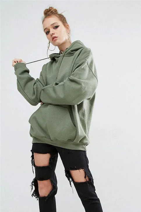 European Style Loose Solid Color Pocket Long Hoodie