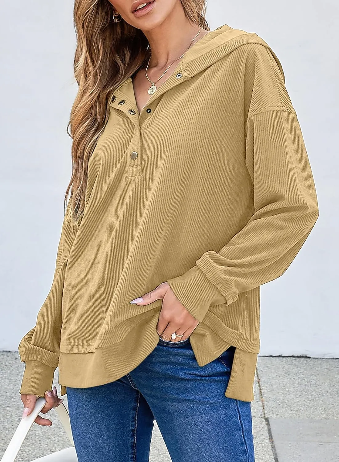 EVALESS Womens Oversized Sweatshirts Hoodies Casual Button Up V Neck Long Sleeve Shirts Pullover Loose Fall Clothes Outfits