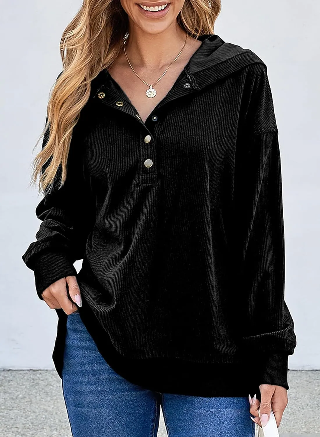 EVALESS Womens Oversized Sweatshirts Hoodies Casual Button Up V Neck Long Sleeve Shirts Pullover Loose Fall Clothes Outfits
