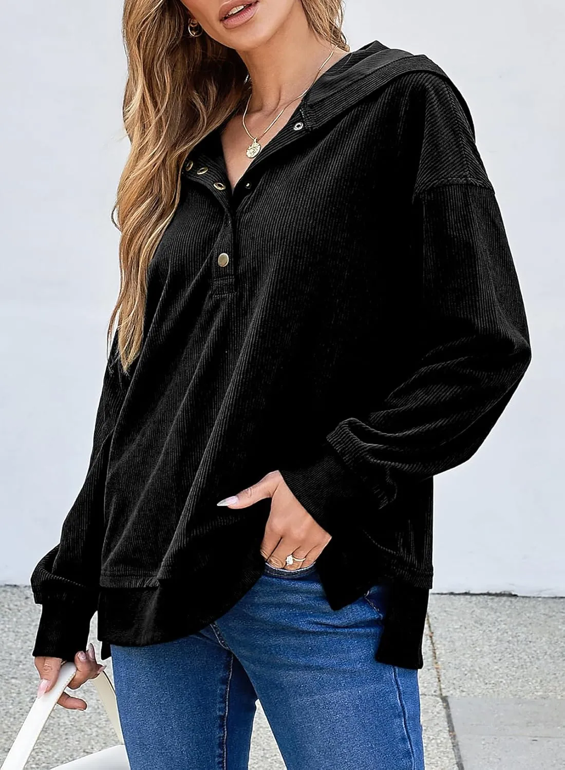 EVALESS Womens Oversized Sweatshirts Hoodies Casual Button Up V Neck Long Sleeve Shirts Pullover Loose Fall Clothes Outfits