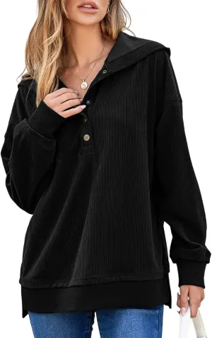 EVALESS Womens Oversized Sweatshirts Hoodies Casual Button Up V Neck Long Sleeve Shirts Pullover Loose Fall Clothes Outfits