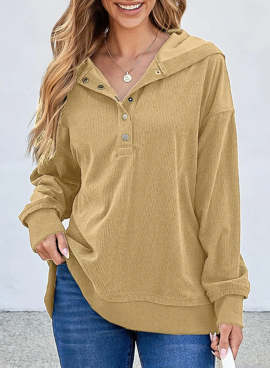 EVALESS Womens Oversized Sweatshirts Hoodies Casual Button Up V Neck Long Sleeve Shirts Pullover Loose Fall Clothes Outfits
