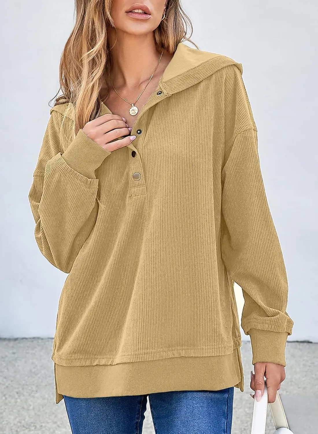EVALESS Womens Oversized Sweatshirts Hoodies Casual Button Up V Neck Long Sleeve Shirts Pullover Loose Fall Clothes Outfits