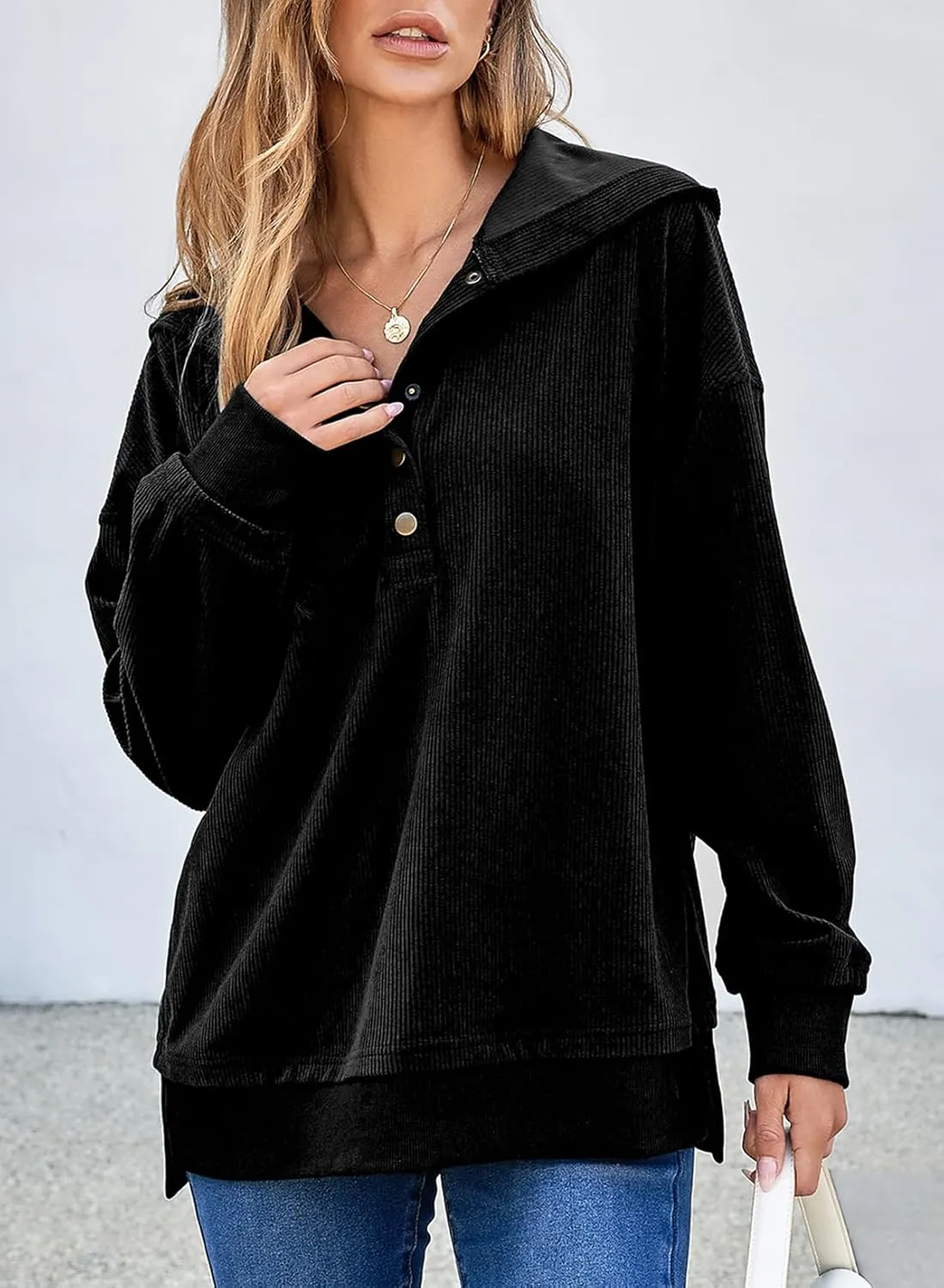 EVALESS Womens Oversized Sweatshirts Hoodies Casual Button Up V Neck Long Sleeve Shirts Pullover Loose Fall Clothes Outfits