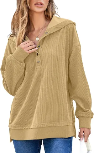 EVALESS Womens Oversized Sweatshirts Hoodies Casual Button Up V Neck Long Sleeve Shirts Pullover Loose Fall Clothes Outfits