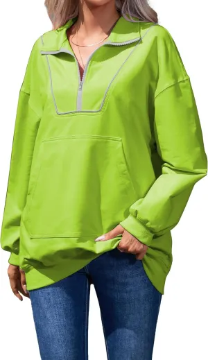 Famulily Cute Half Zipper Lapel Collar Pullover Tops Casual Drop Shoulder Contrast Color Line Sweatshirt with Kangaroo Pocket